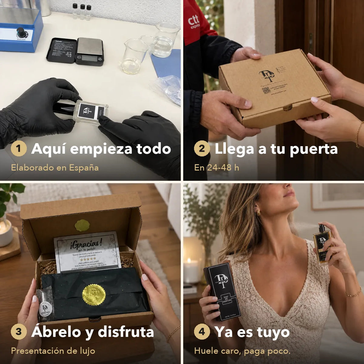 Así llega tu perfume: elaborado en España, en tu puerta en 24-48 h, presentación de lujo y listo para usar