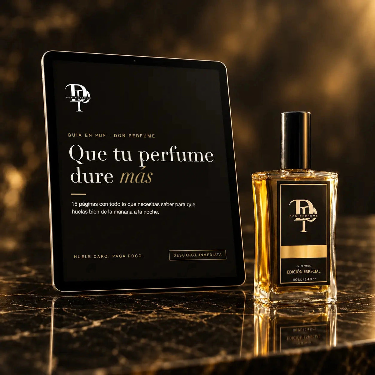 Guía en PDF Que tu perfume dure más de Don Perfume en una tablet junto a un frasco de 100 ml