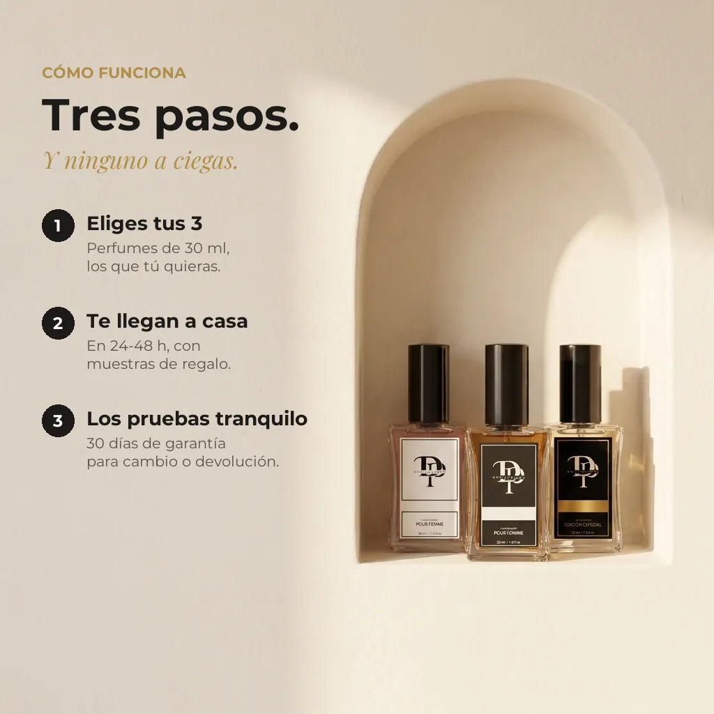Cómo funciona el pack 3x30: eliges 3 perfumes, llegan en 24-48 h y tienes 30 días de garantía