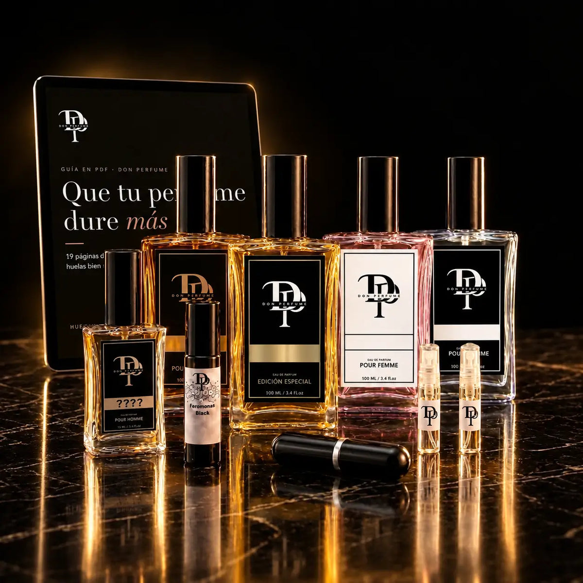 Pack Colección de Don Perfume: perfumes de 100 ml, perfume misterioso, Feromona Black, perfumador, muestras y la guía Que tu perfume dure más